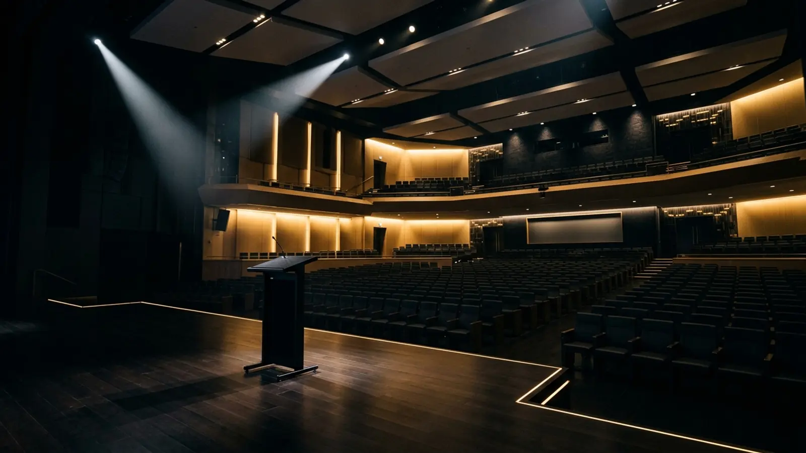 Dramatic executive keynote auditorium and speaker stage with architectural spotlighting